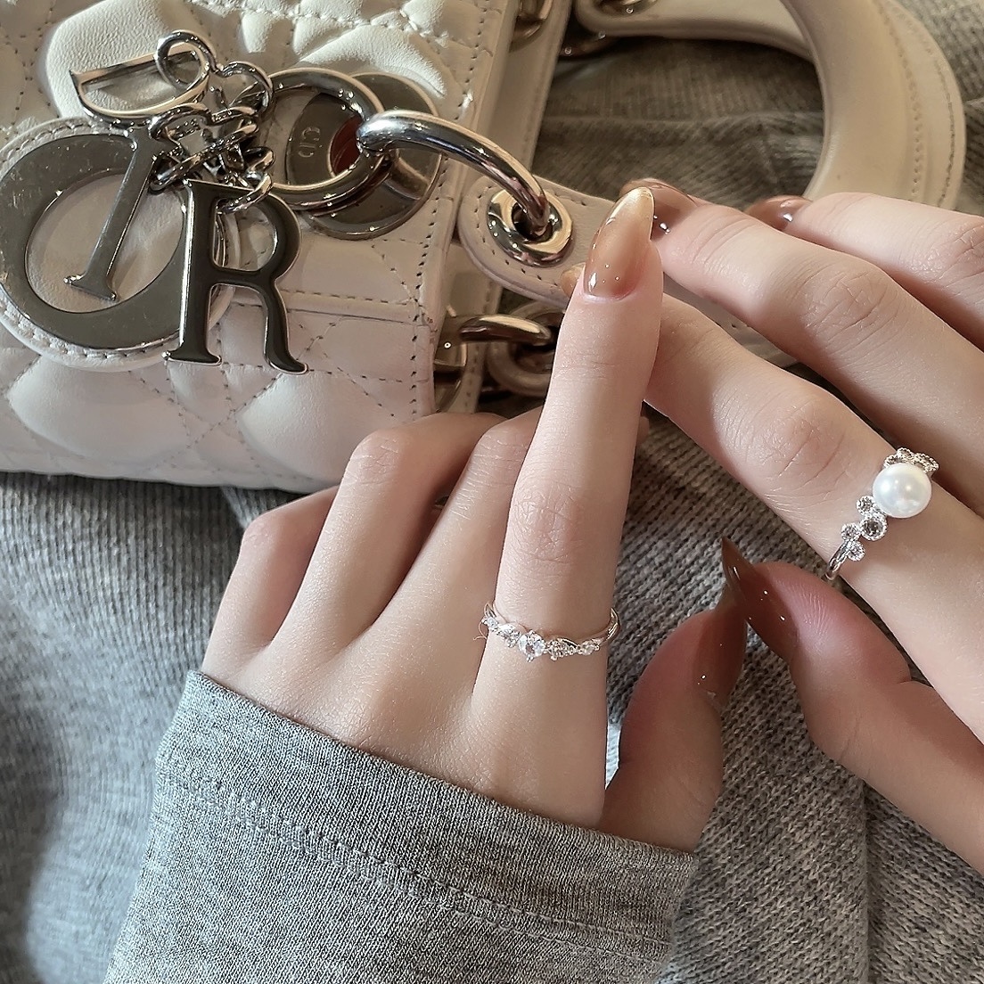 silver高級宮廷細閃水鑽/蕾絲鑽花珍珠戒set