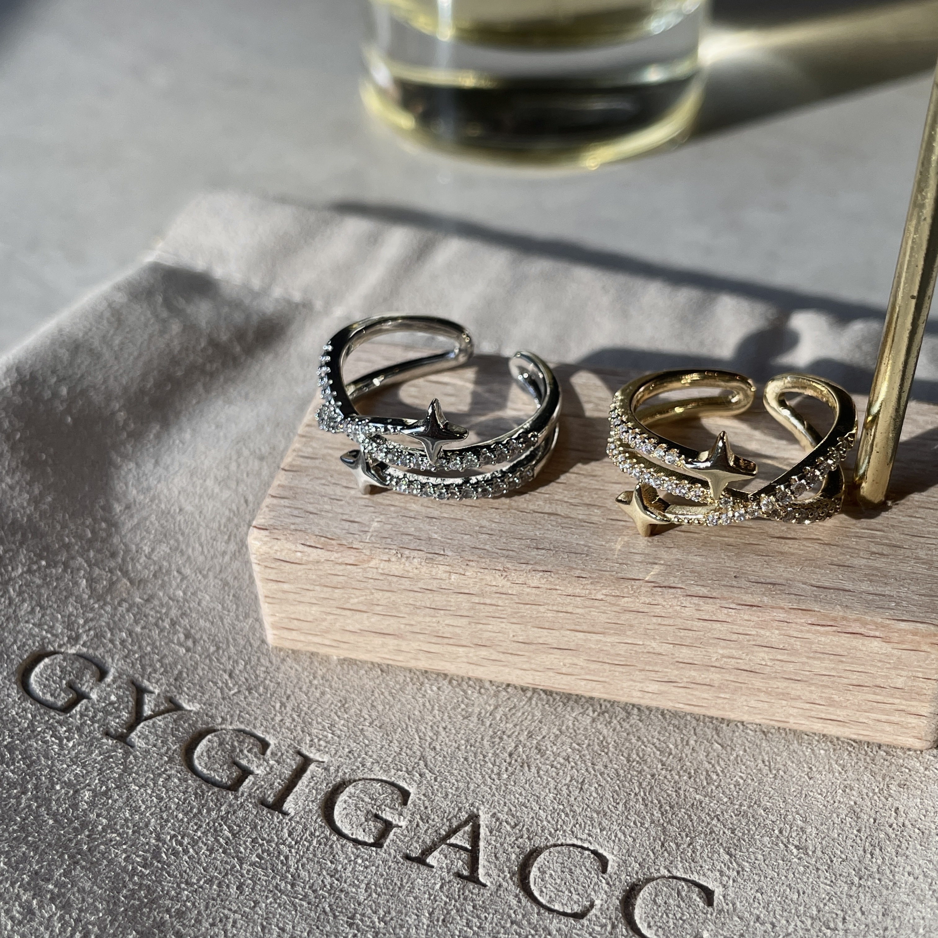 14k四芒星細緻鑽星空交織三層開口戒