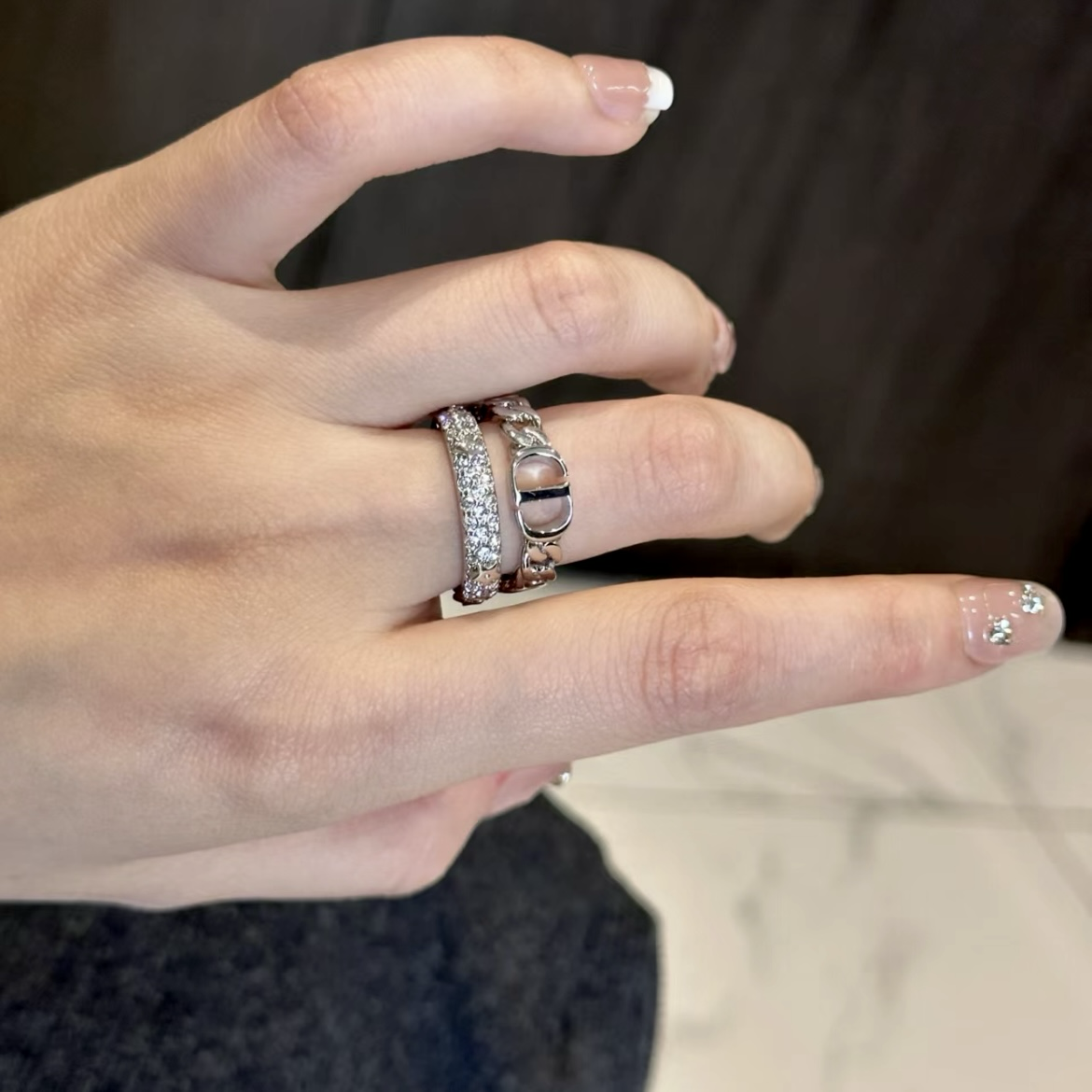 18k CD”滿天星鑽星空字母定製開口戒set