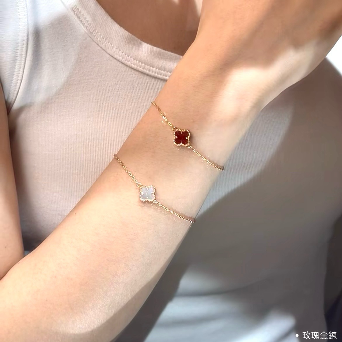 18k mini白貝瑪瑙/單花四葉草定製手鍊系列