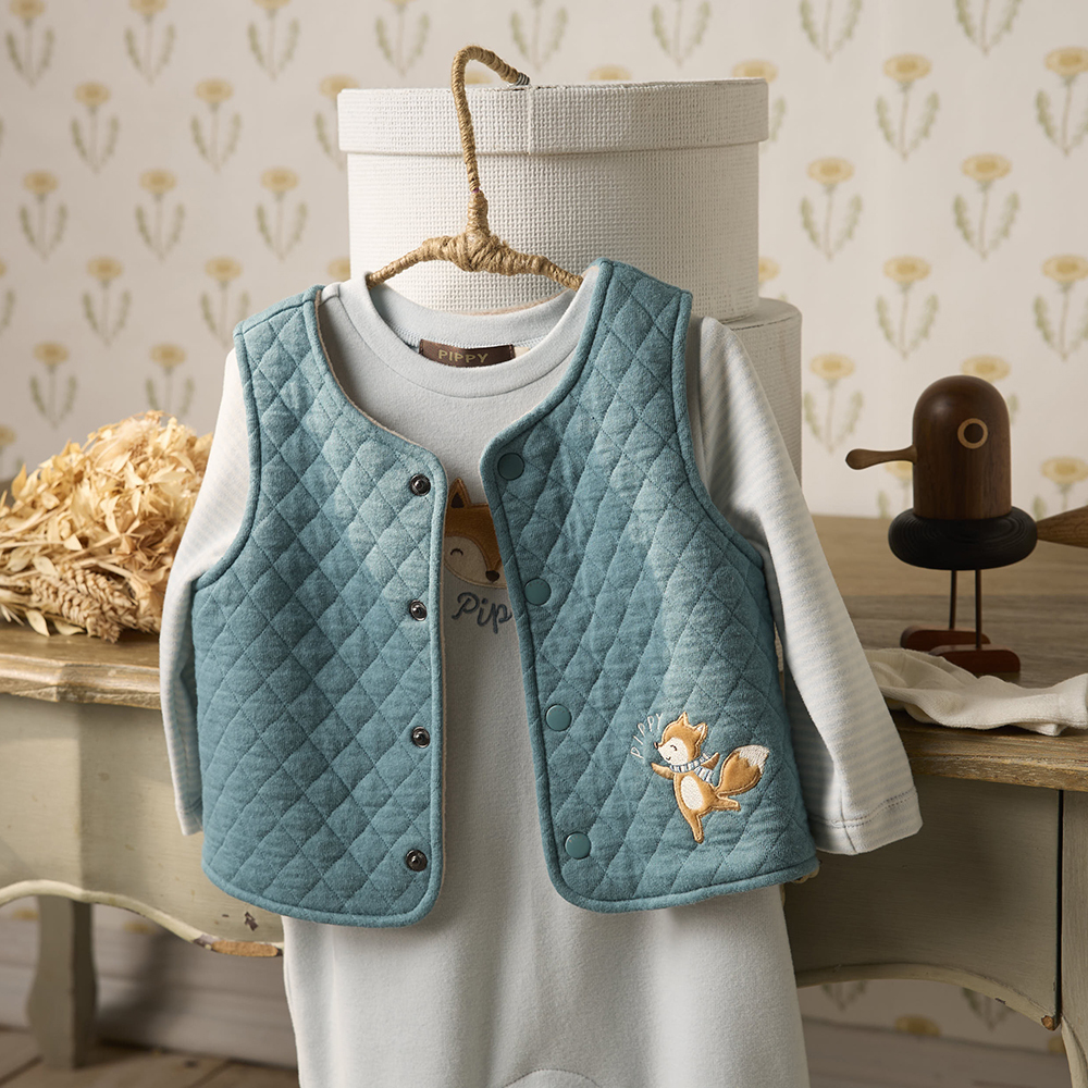 PIPPY小狐狸背心棉質假兩件組禮盒 藍
