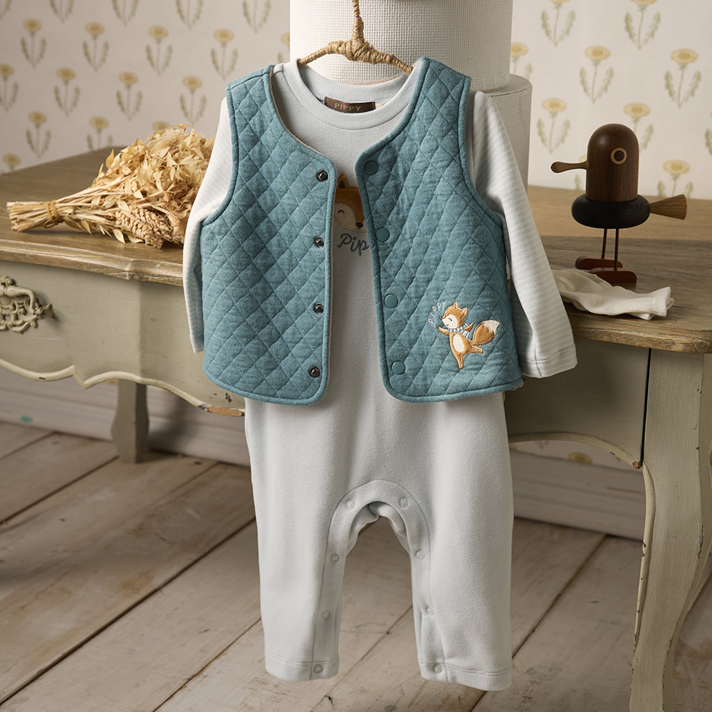 PIPPY小狐狸背心棉質假兩件組禮盒 藍