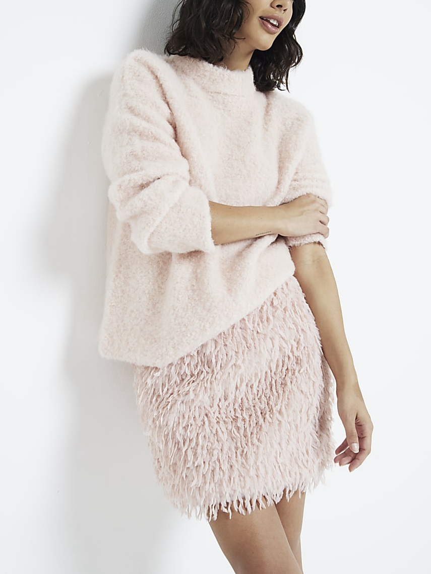 Feather Vibe粉紅色 羽毛針織高腰Mini Skirt