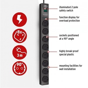 Brennenstuhl hugo! 8 Gang Extension Lead With Surge Protection – 3 Metre Cable – Black – 1150613318