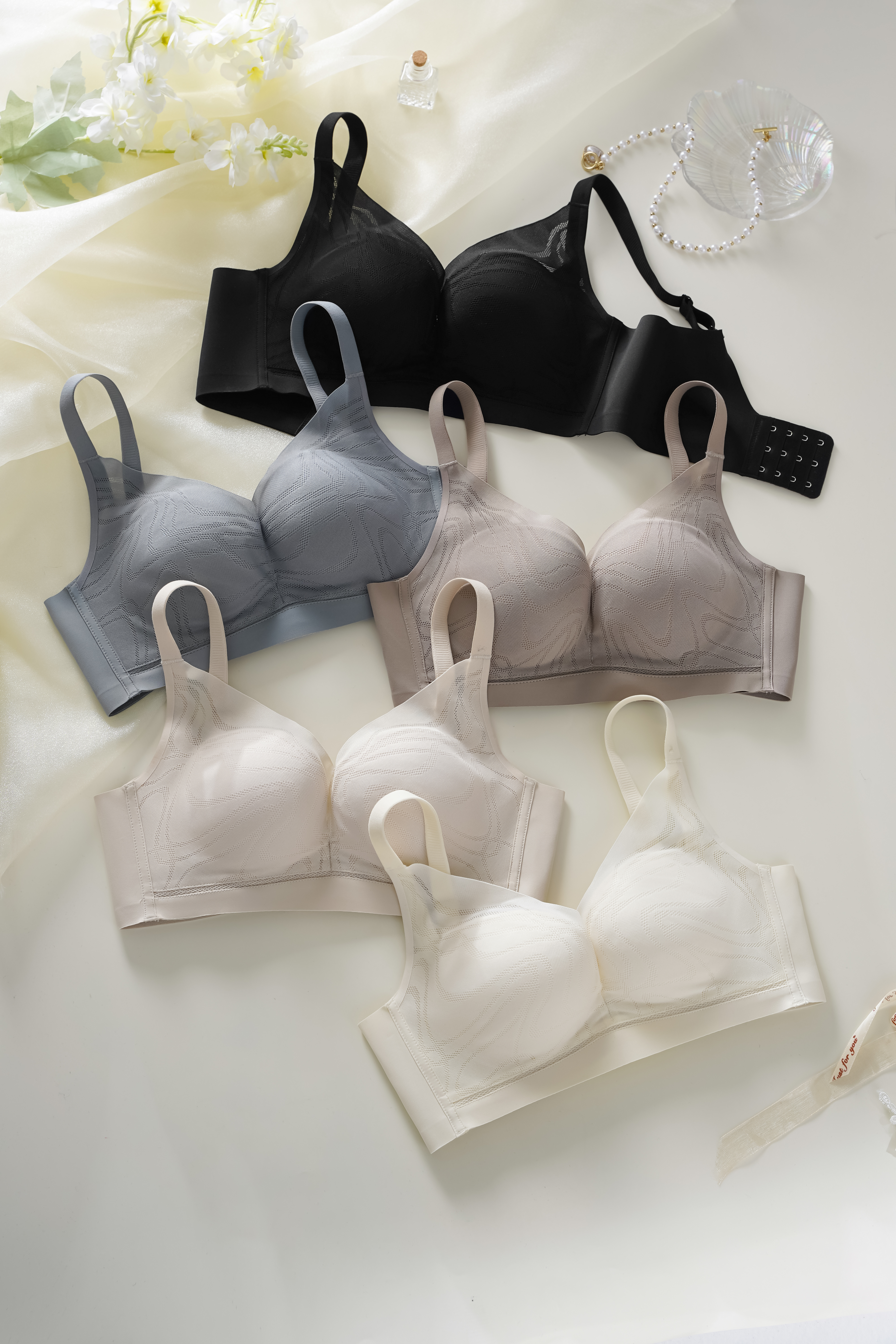 gentle 溫柔網紗蠶絲全包覆集中無鋼圈内衣-米白 (5色)