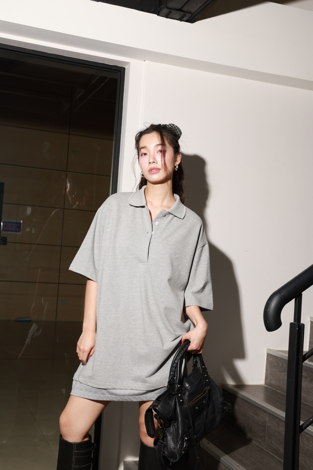 polo寬版上衣-灰