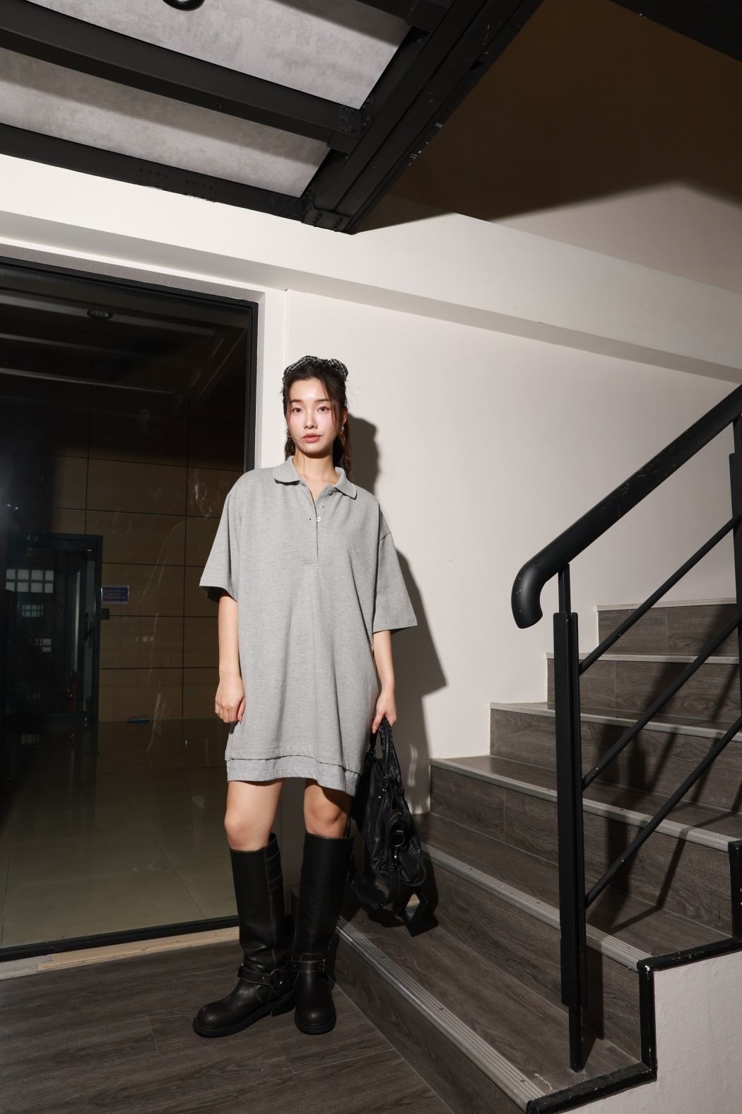 polo寬版上衣-灰