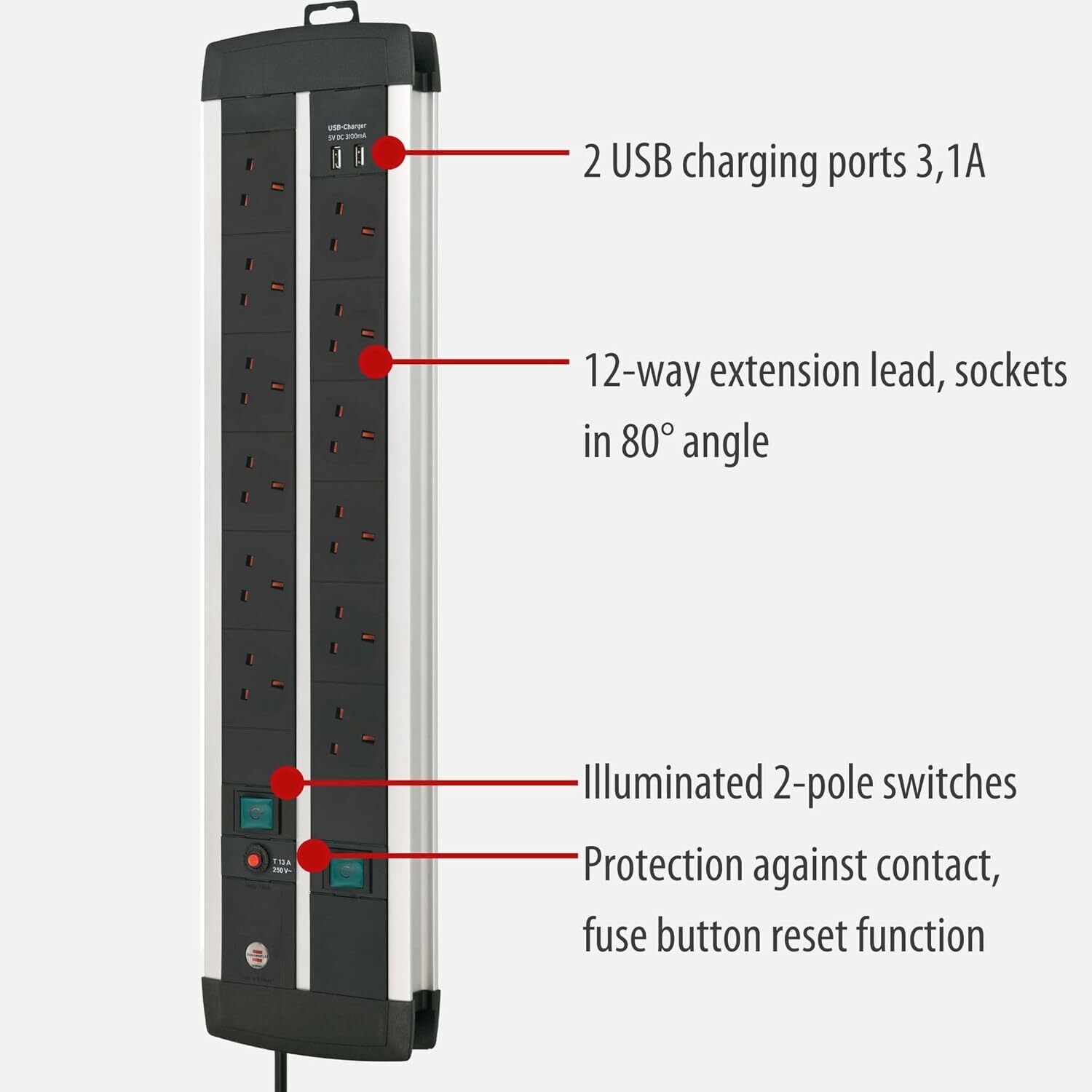Brennenstuhl Premium-Duo-ALU-Line Technics Extension Socket with Safety Fuse Button and USB-Charger 2x6-way 3m - 1391003900