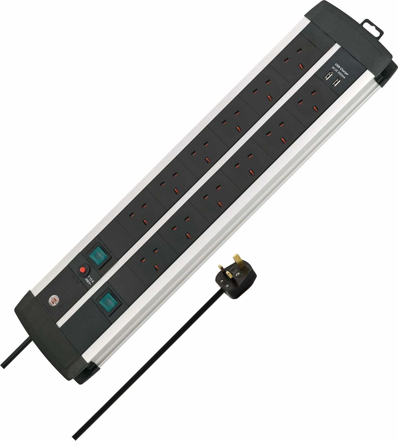 Brennenstuhl Premium-Duo-ALU-Line Technics Extension Socket with Safety Fuse Button and USB-Charger 2x6-way 3m - 1391003900