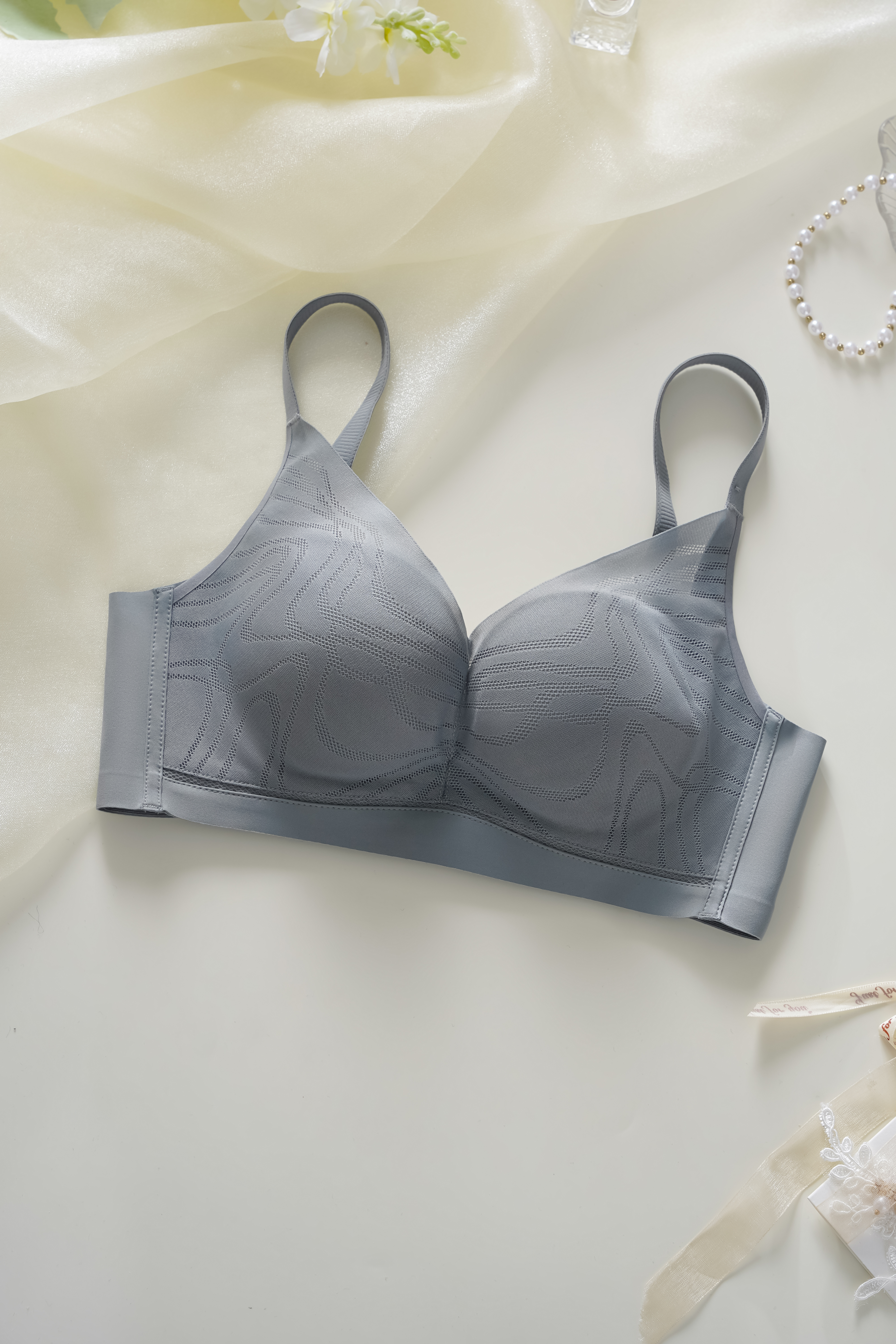 gentle 溫柔網紗蠶絲全包覆集中無鋼圈内衣-藍灰 (5色)