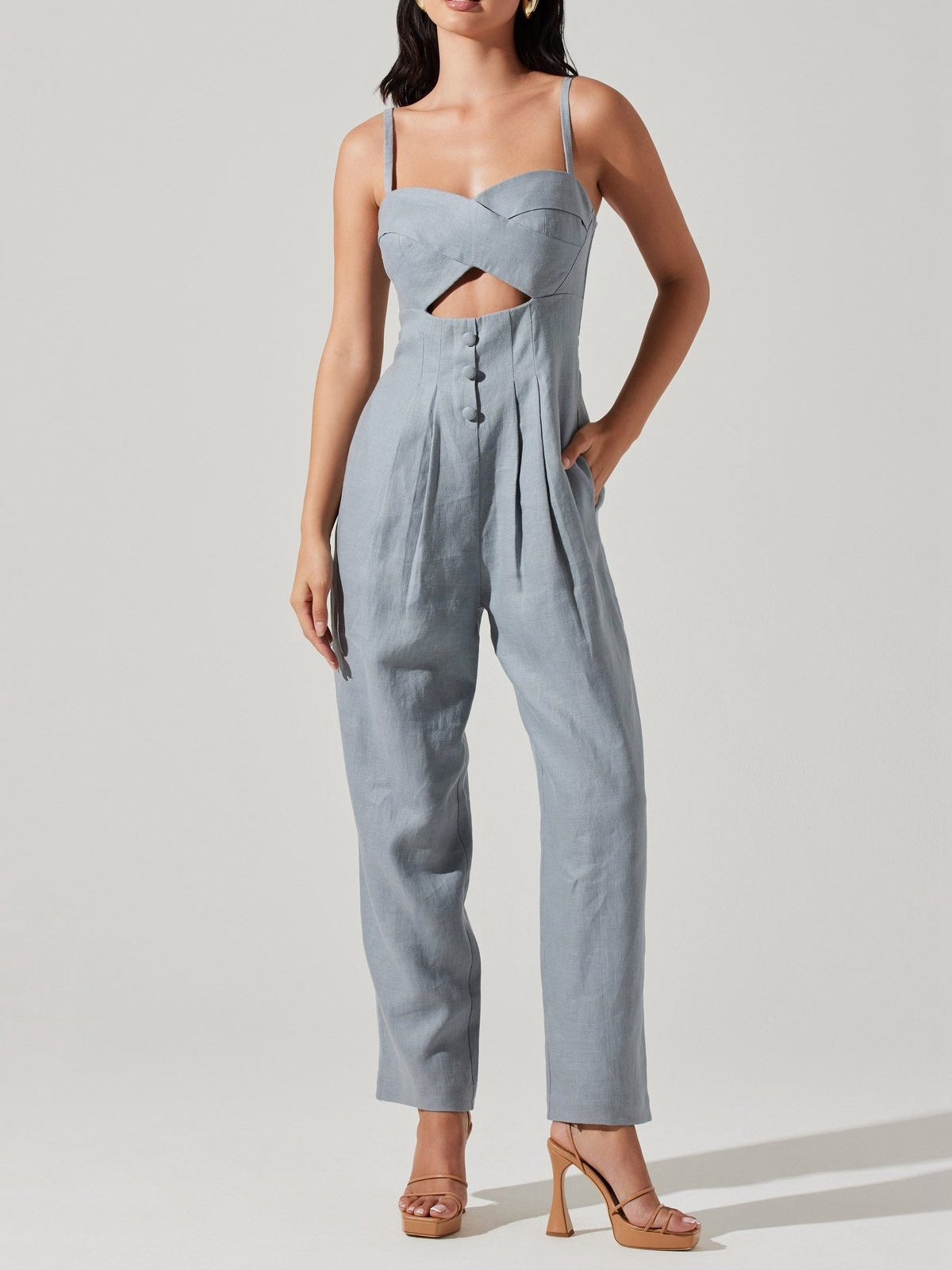 Dusty Blue美國灰藍色麻質 交叉Cutout Jumpsuit