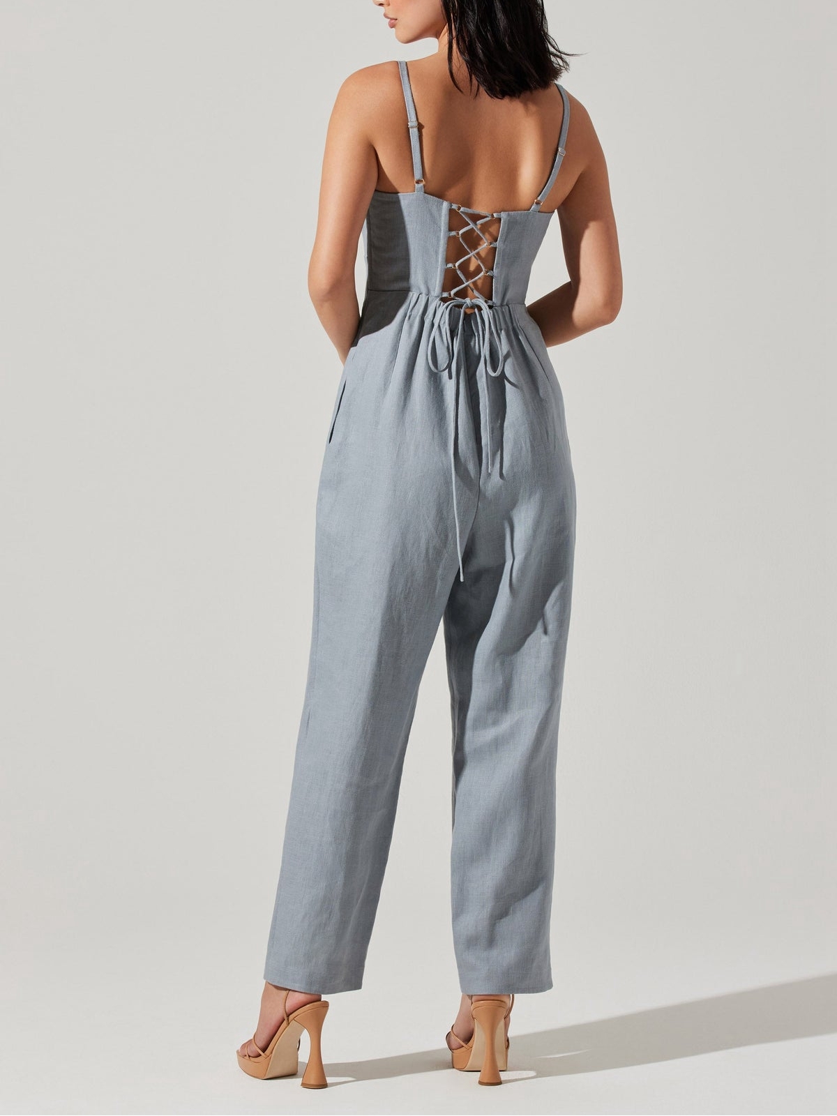 Dusty Blue美國灰藍色麻質 交叉Cutout Jumpsuit