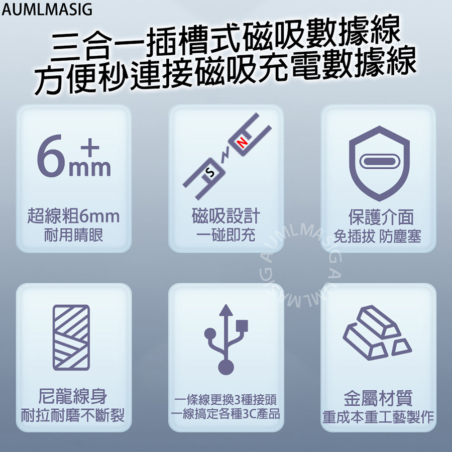 AUMLMASIG 三合一插槽式方便秒連接磁吸數據線 搭配三個磁頭，一線頂多線 18W MAX 一線搞定各種小產品充電麻煩 手機充電線 超吸睛充電線 充電數據線 手遊充電線 micro-USB   USB Type-C  蘋果