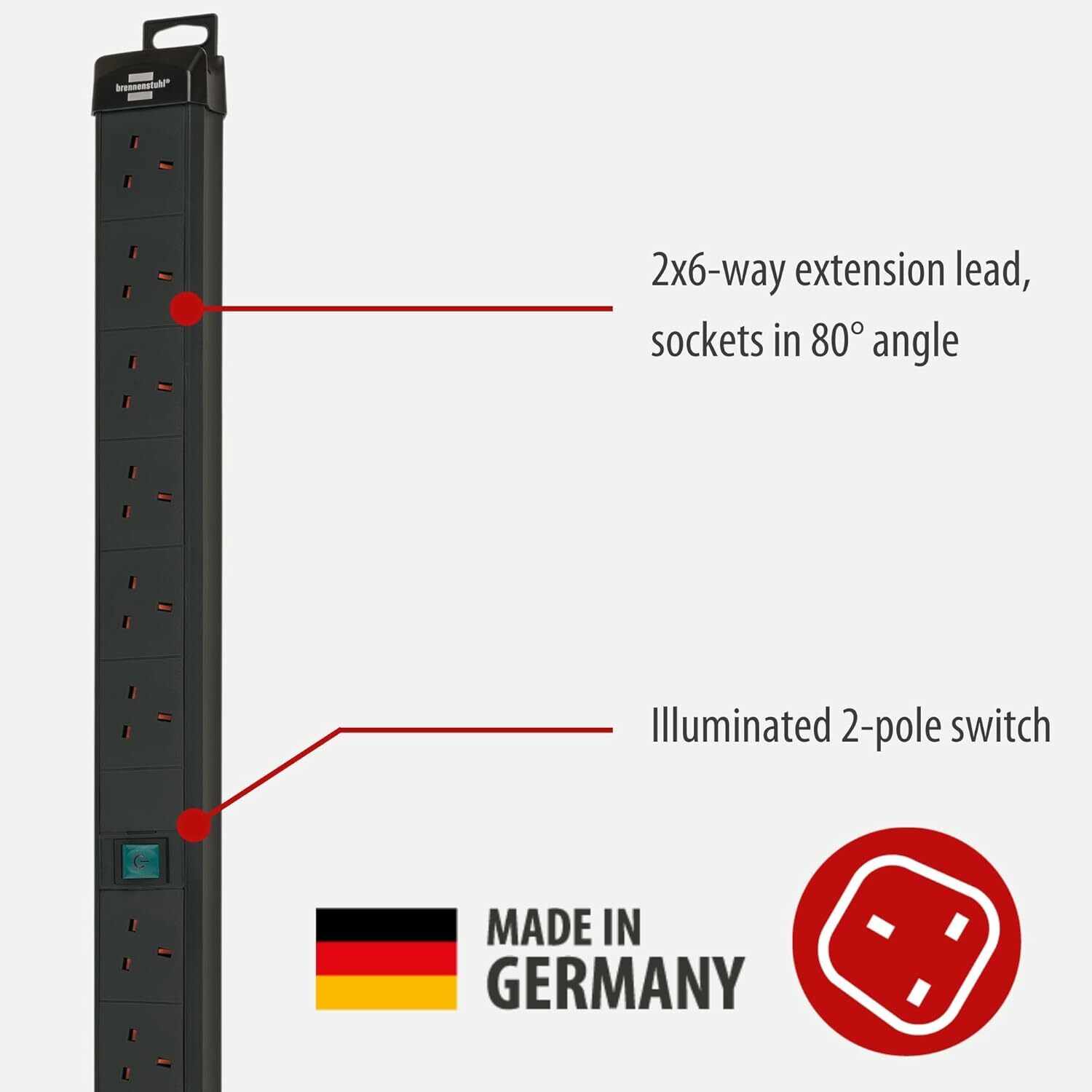 Brennenstuhl Premium-Line 12-way extension lead (made in germany, switch and 3m cable, extension cord with 80° angle of sockets) - 1951123601