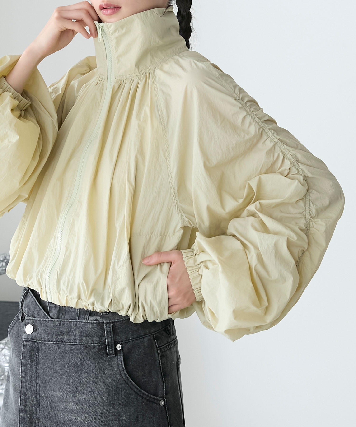 🇯🇵 FORKSY. 皺摺 透感 短版 立領外套 黑色 白色 黃綠 / 預購