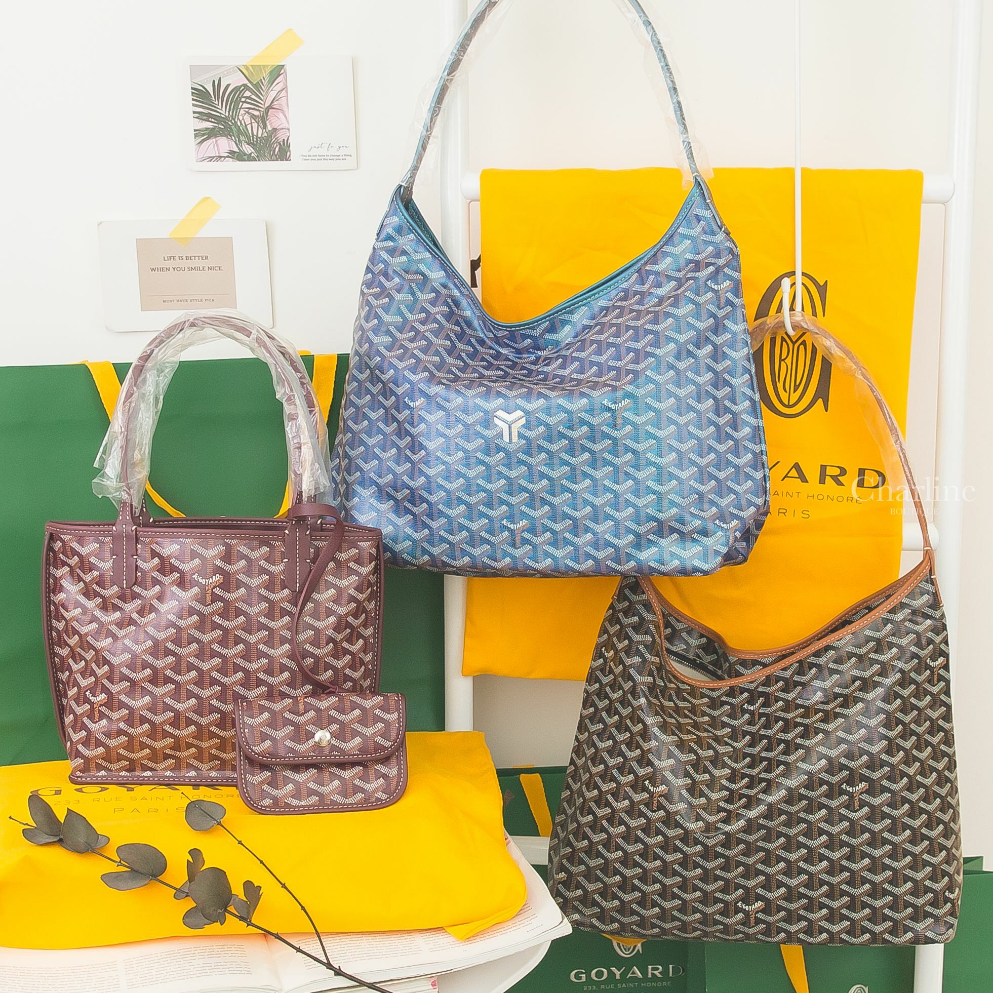 Goyard Bohème Hobo 2024 限定色珠光藍肩背包,Goyard Bohème Hobo 黑色拼咖啡色滾邊肩背包,Goyard Anjou Mini 勃根地酒紅色迷你無拉鍊托特包-Charline Boutique 精品代購