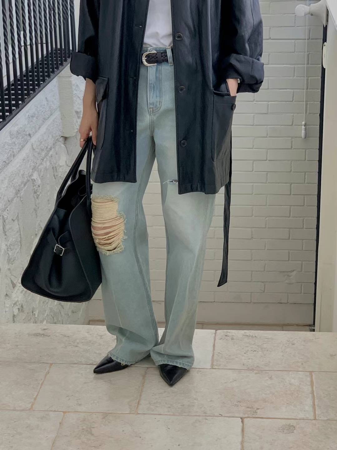 WJ1 磨爛直腳牛仔褲