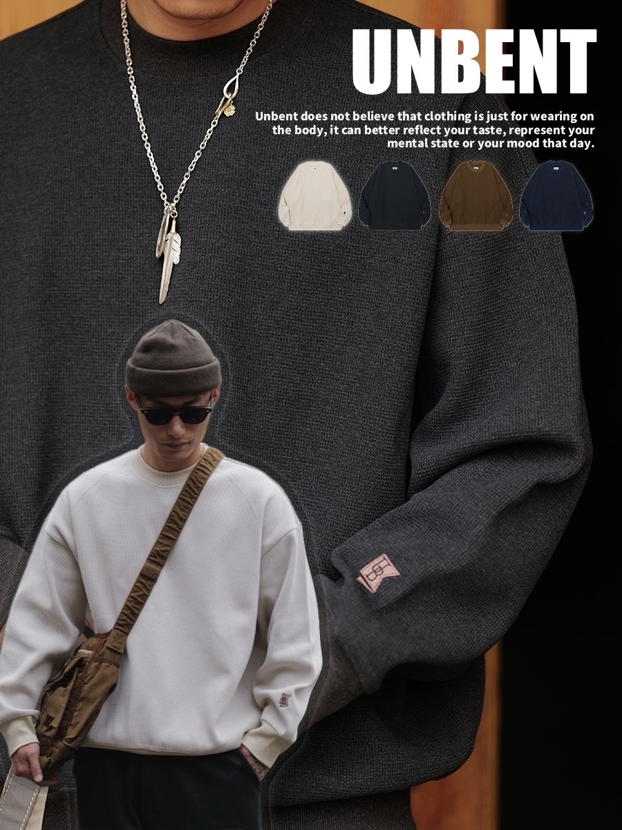#預購 UNBENT 24 AW 日系復古 刺繡重磅 華夫格圓領衛衣 四色