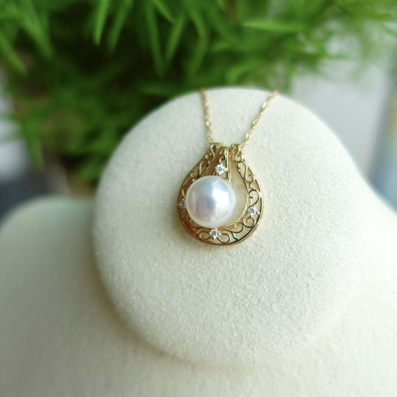 寶石級光輝 - 18K金日本Akoya珍珠鑽石吊墜 (8-8.5mm)