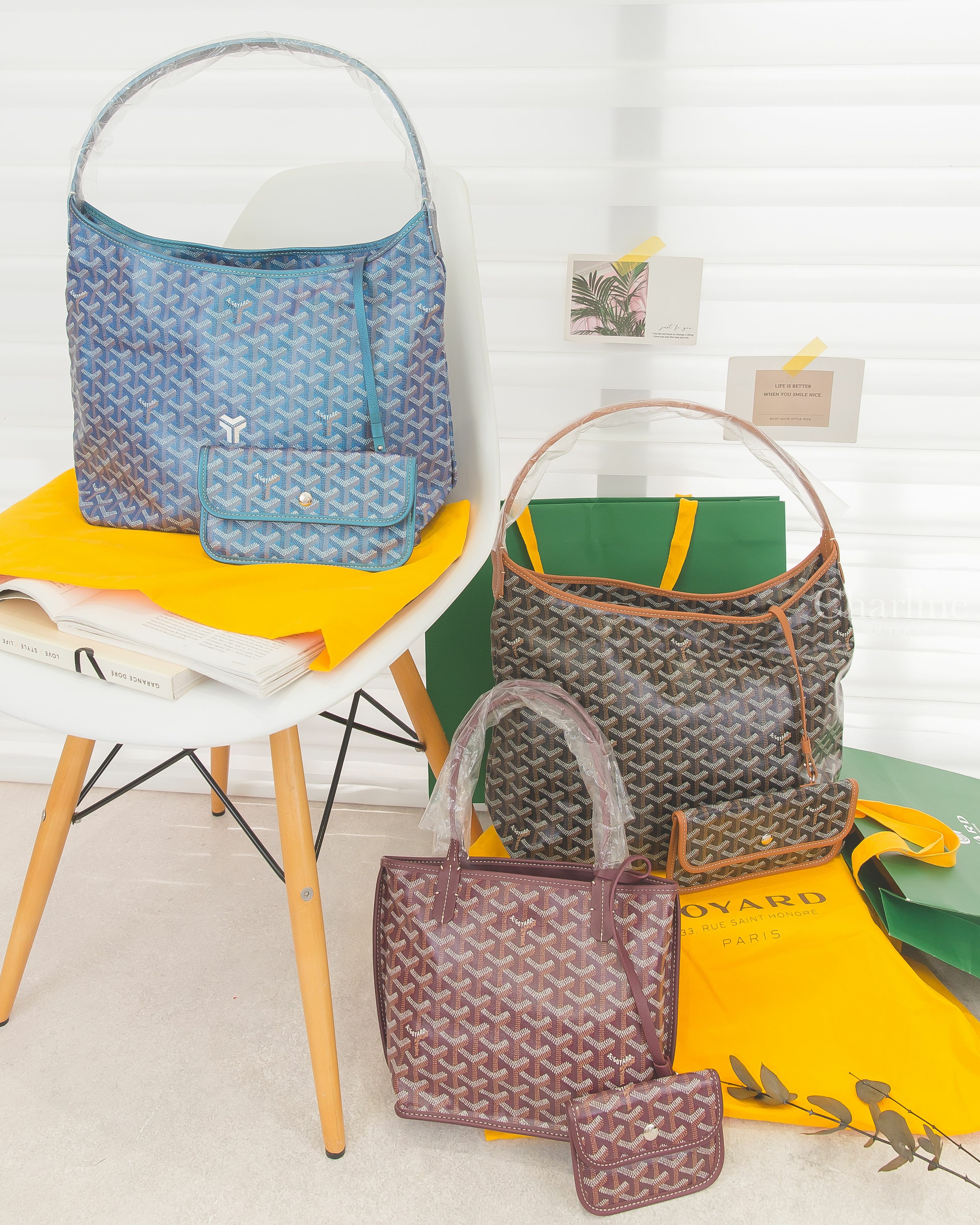 Goyard Bohème Hobo 2024 限定色珠光藍肩背包,Goyard Bohème Hobo 黑色拼咖啡色滾邊肩背包,Goyard Anjou Mini 勃根地酒紅色迷你無拉鍊托特包-Charline Boutique 精品代購