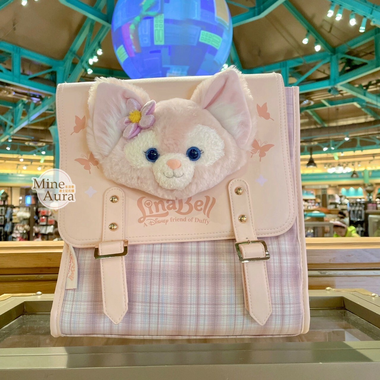 學院風系列 玲娜貝兒 Lina bell 絨毛大頭造型 格紋 後背包 -上海迪士尼樂園