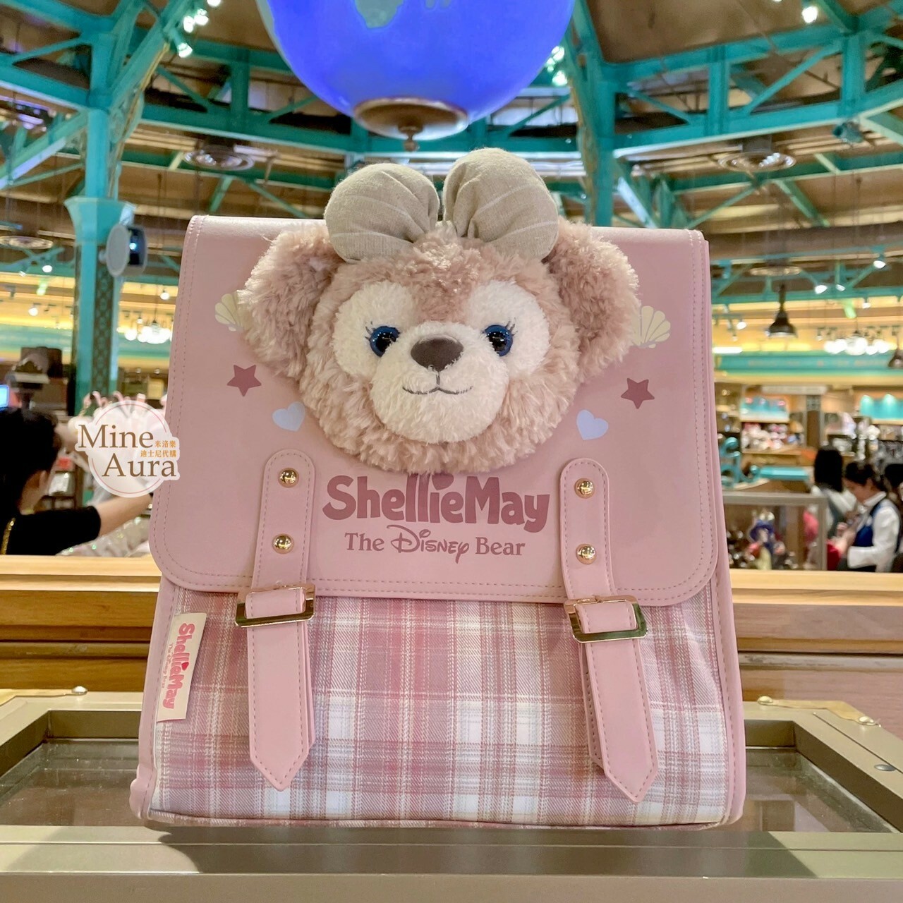 學院風系列 雪莉玫 ShellieMay 絨毛大頭造型 格紋 後背包 -上海迪士尼樂園