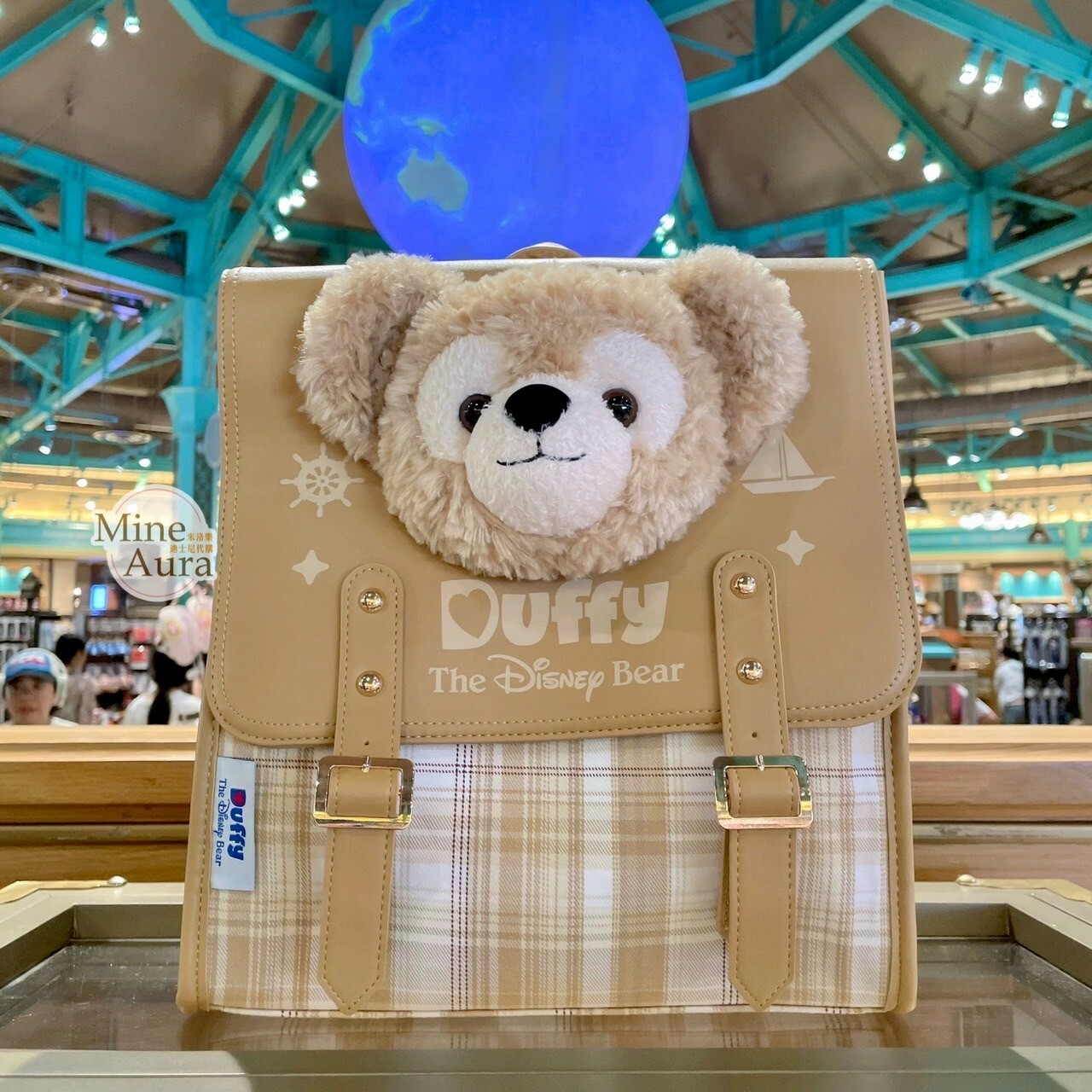 學院風系列 達菲 Duffy 絨毛大頭造型 格紋 後背包 -上海迪士尼樂園