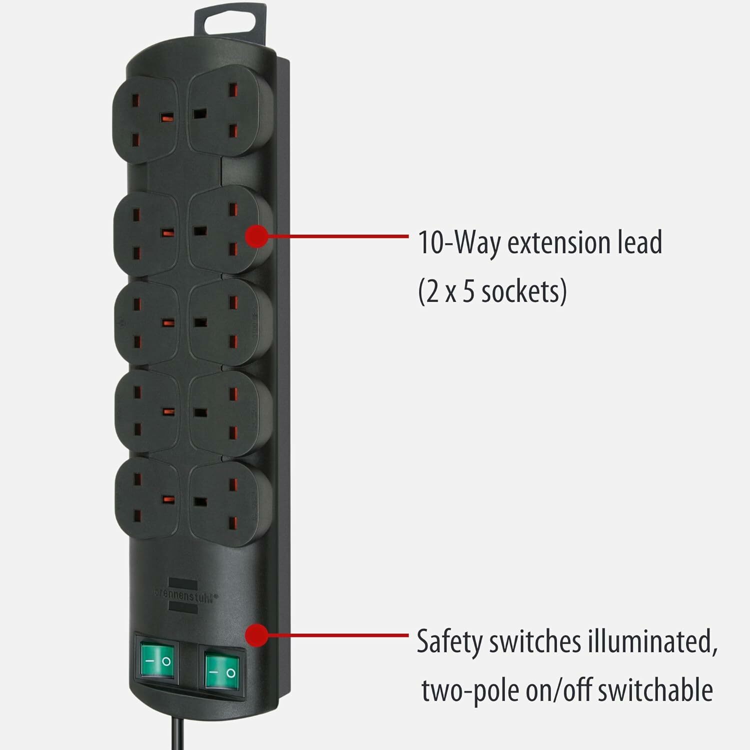 Brennenstuhl Primera-Line 10-way Extension Lead (Power strip with 2 switches for 5 sockets each and 2m cable) Black - 1153303120