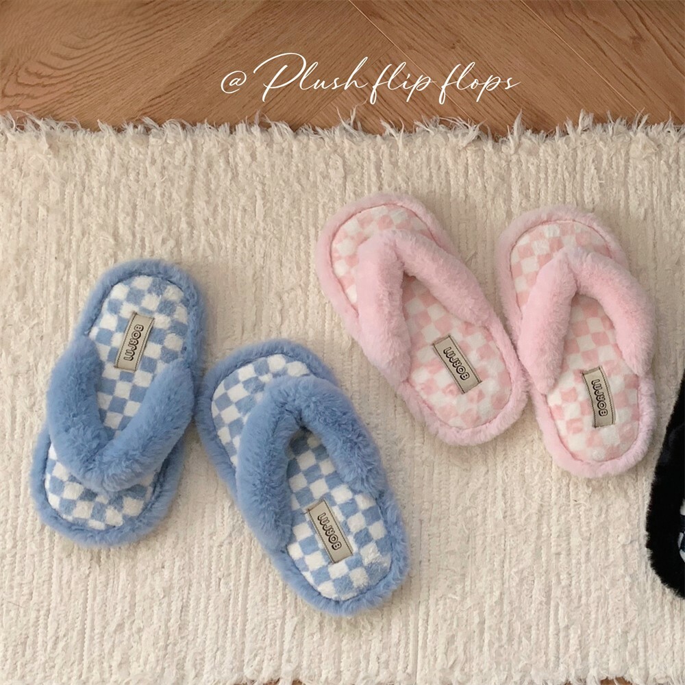 《4861》Ins少女軟嘟嘟棋盤格紋毛絨室内拖