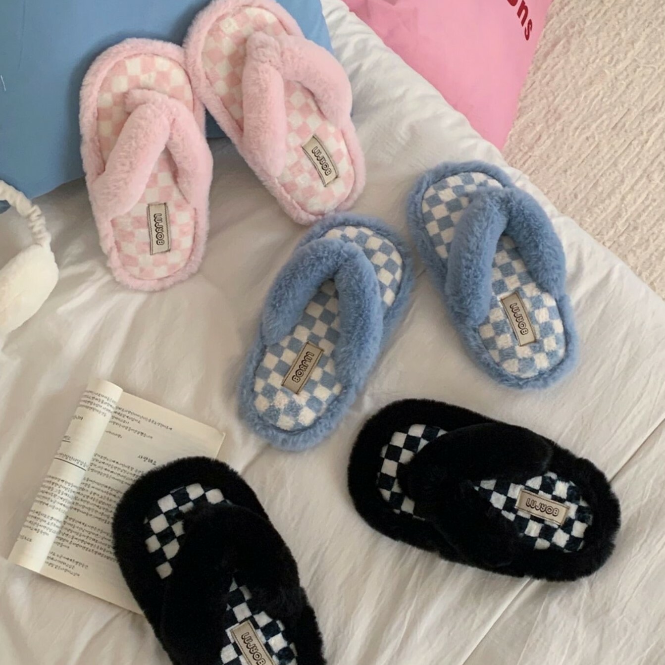 《4861》Ins少女軟嘟嘟棋盤格紋毛絨室内拖