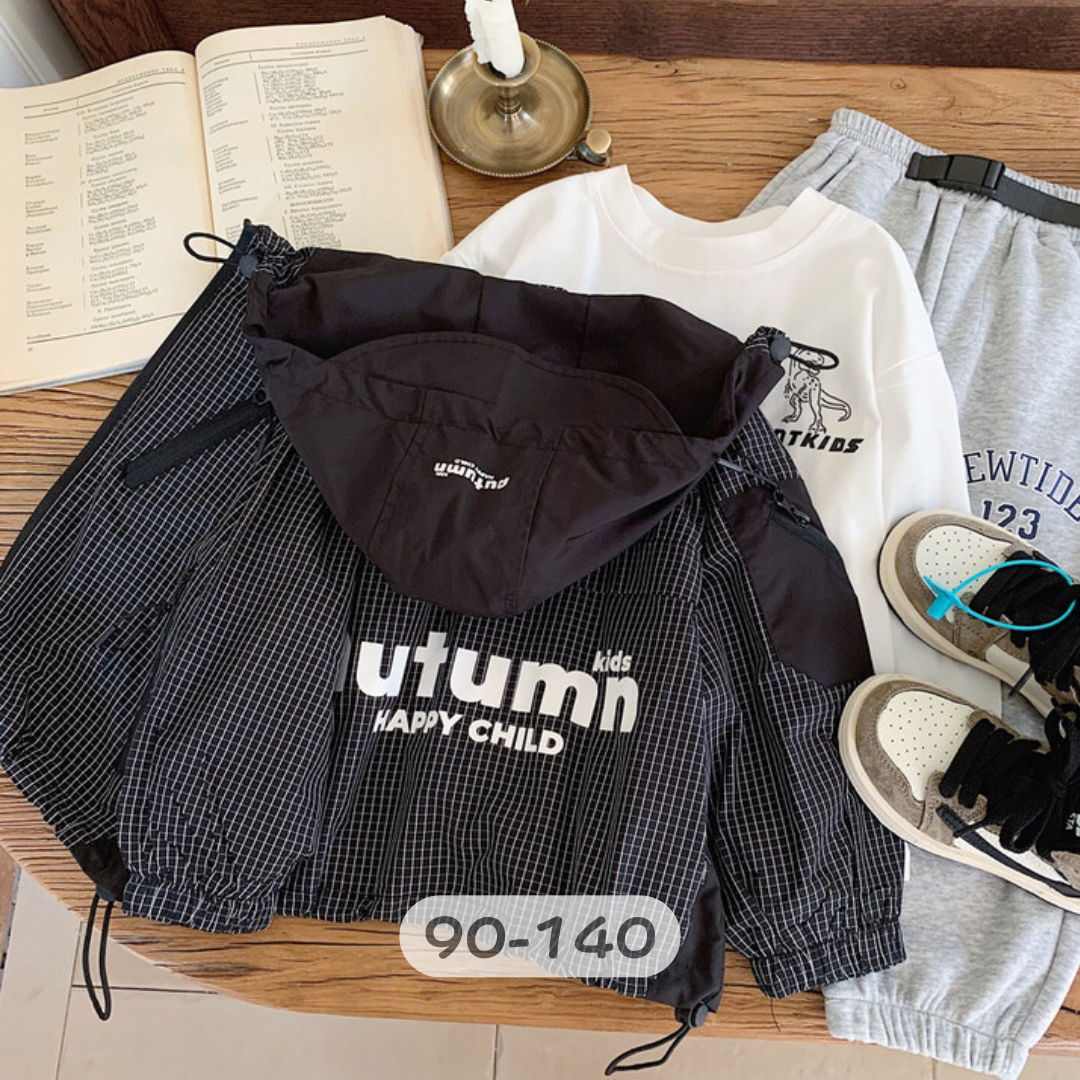 【限量】黑色細格autumn連帽風衣外套