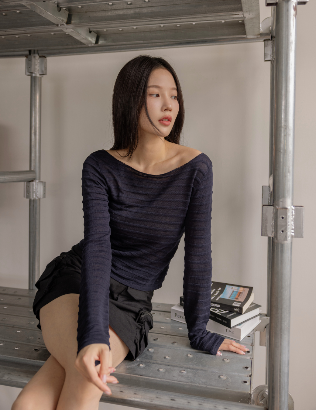 橫紋簍空長袖上衣（寶藍色/3尺寸）