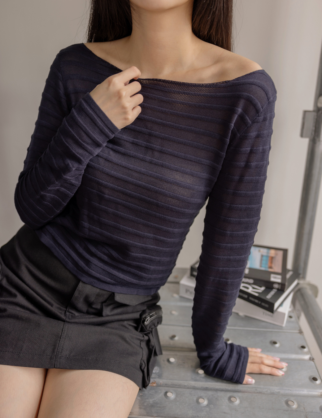 橫紋簍空長袖上衣（寶藍色/3尺寸）