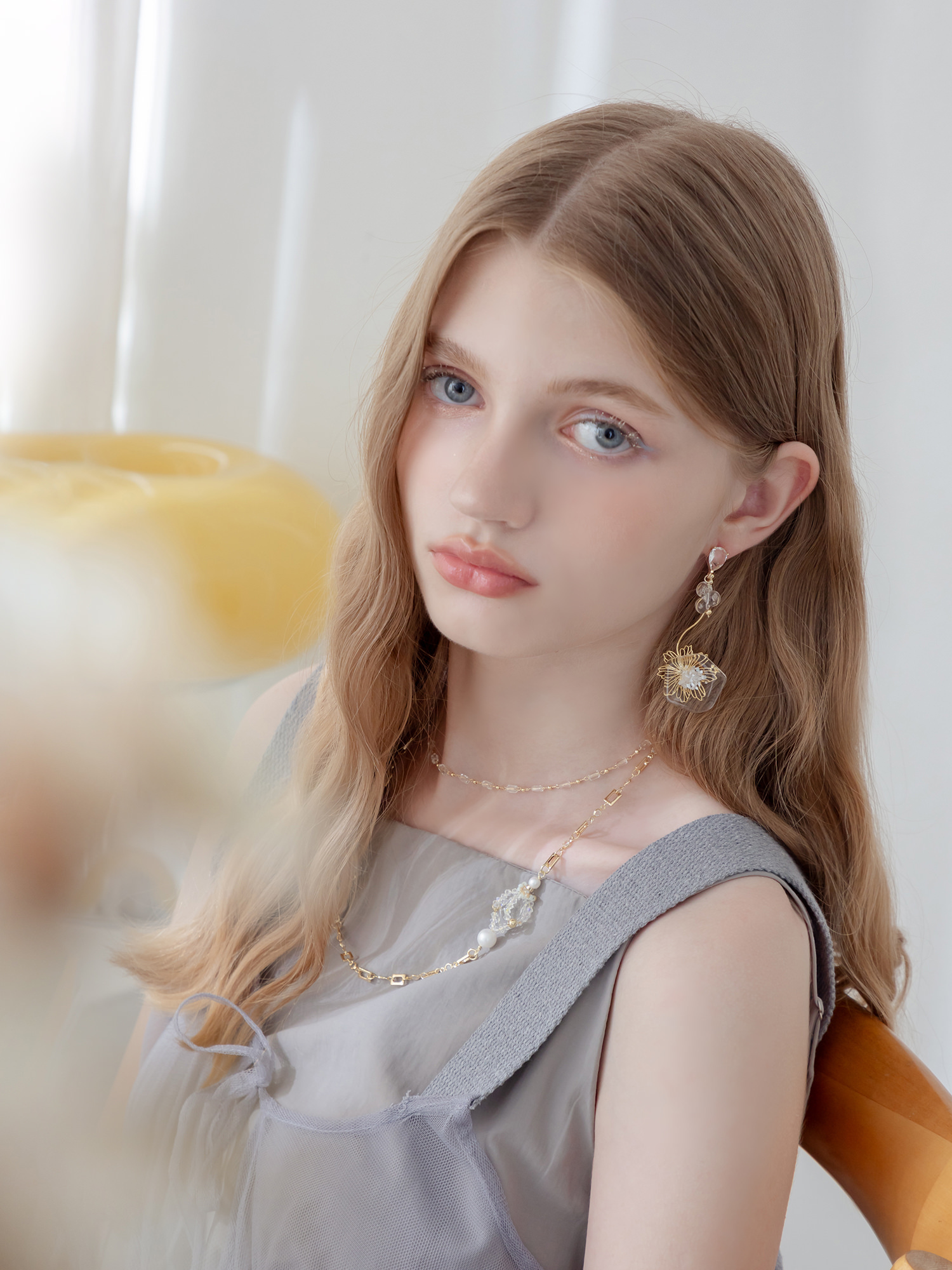 眼睛水汪汪。(2way)MUCHAT手作14+18KGP水晶氣泡珠花片純銀針耳環