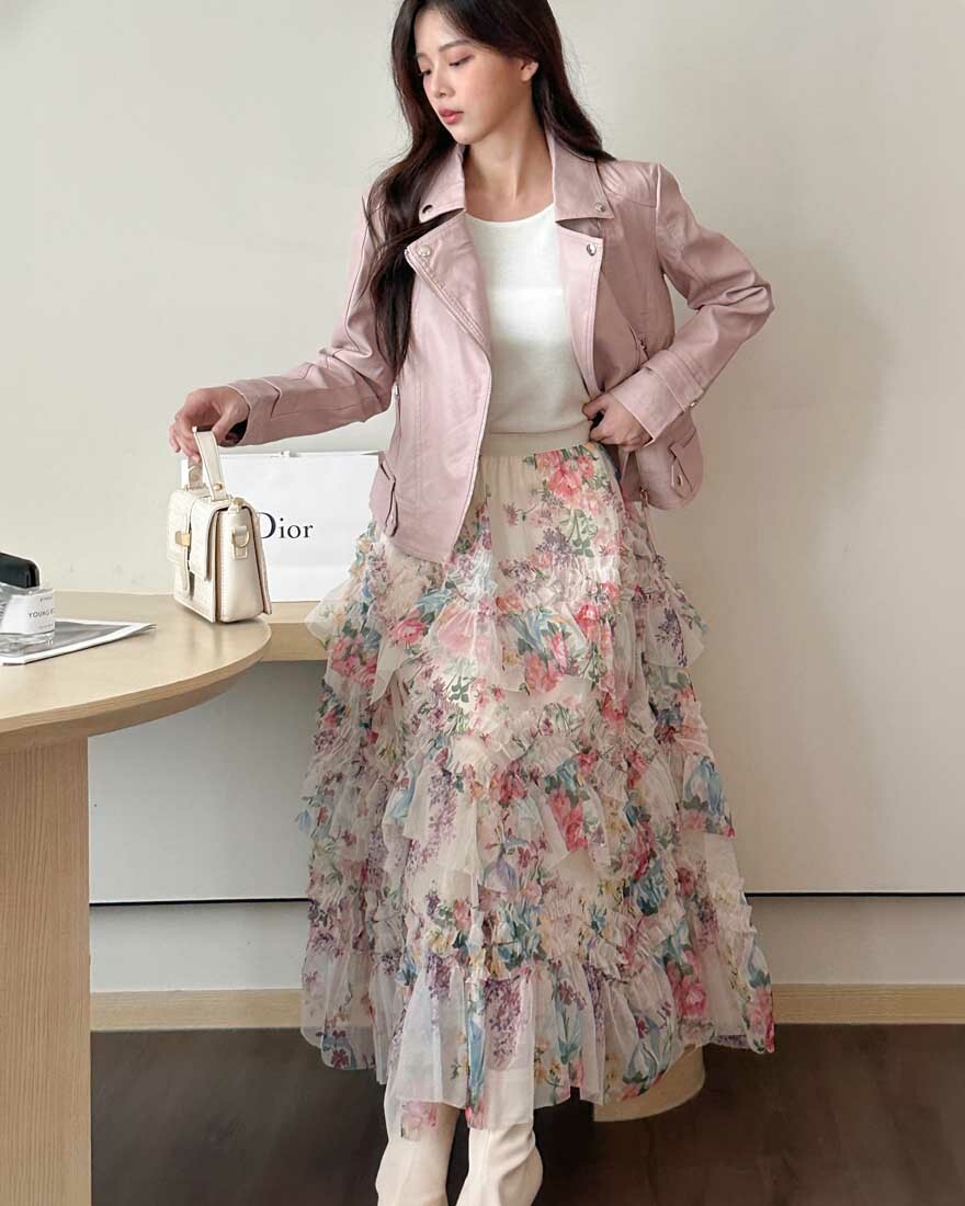 LINA LINA浪漫紀事滿版花卉壓褶滾邊長裙-杏底彩花
