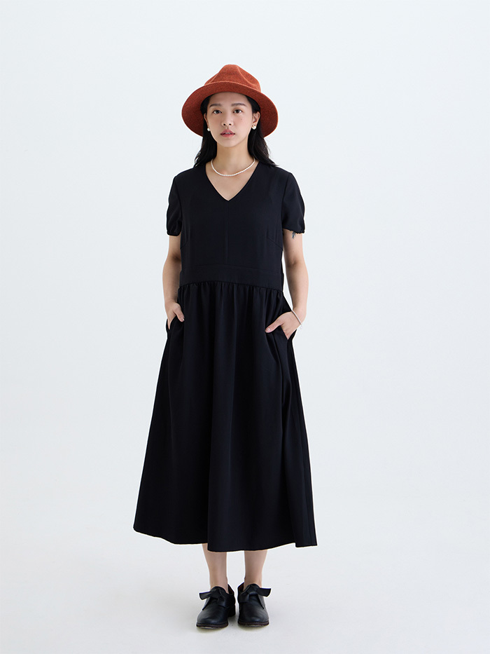 舒纖V領腰帶剪接洋裝