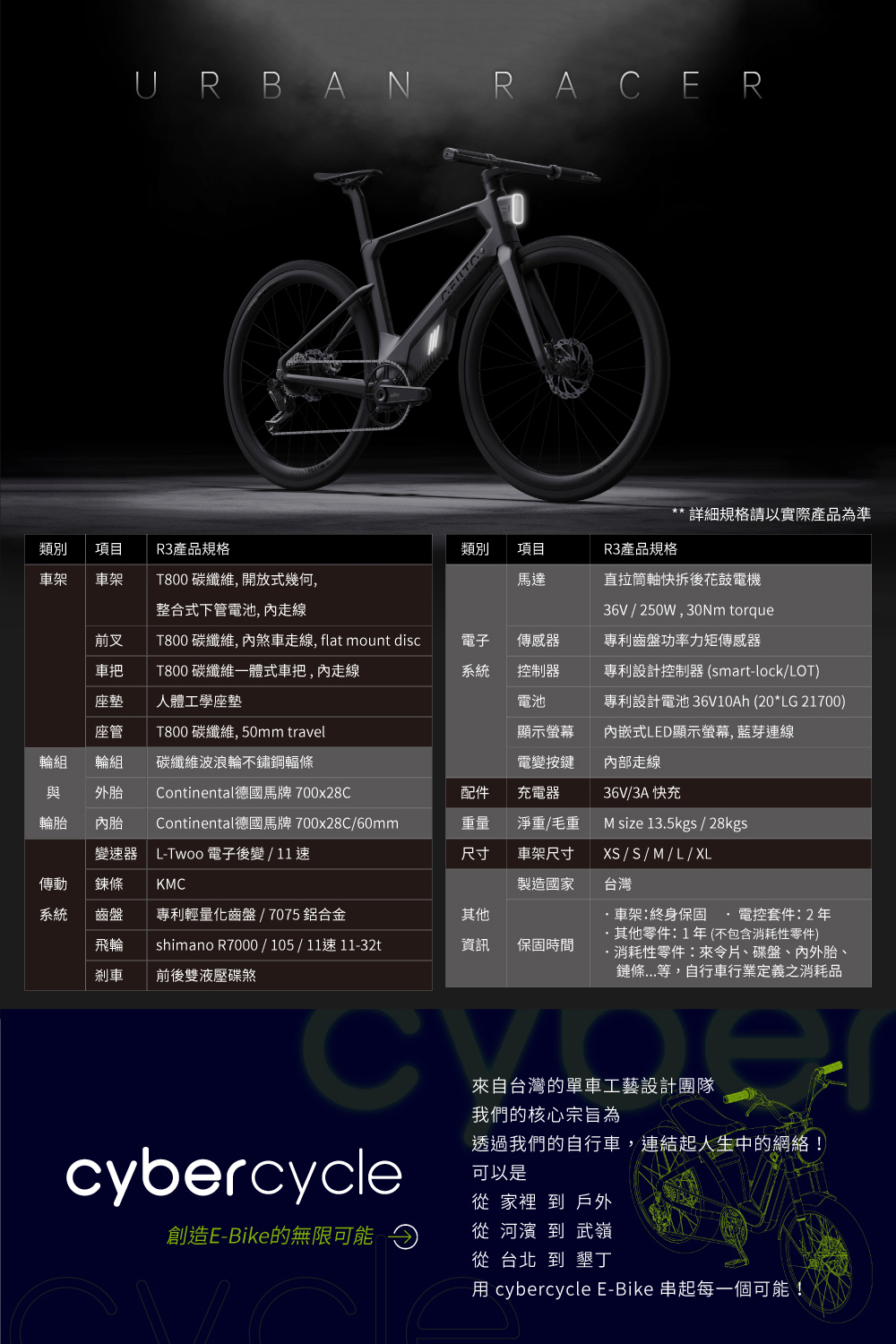 CyberCycle R3 Urban Racer 百分百碳纖維 電輔公路車