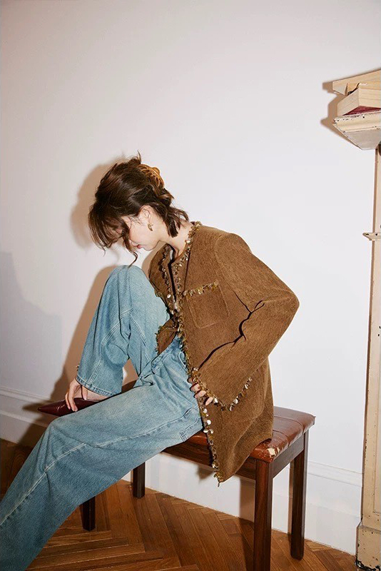 焦糖咖亮片滾邊圓領小香外套XS-M (Elegant & Love)