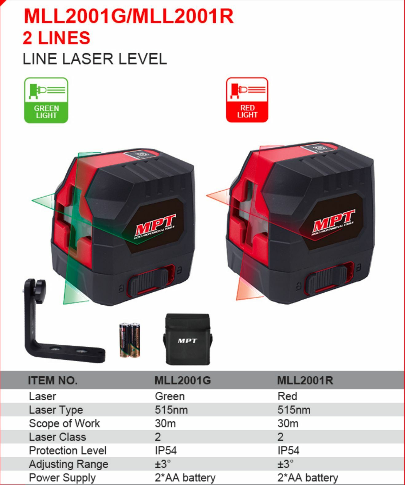 LA001  "MPT" 雷射平水儀 MLL200 - 2線紅光 30m (2*AA電)