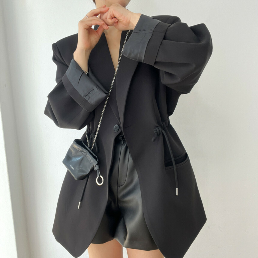 收腰抽繩 長版西裝外套(卡其/黑)