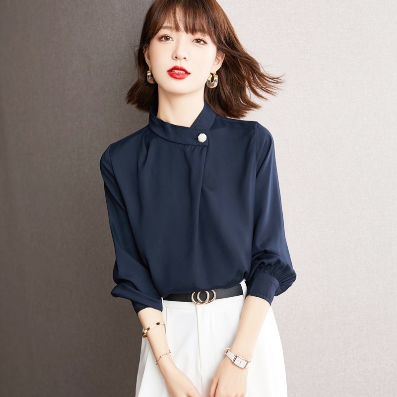 立領側單釦雪紡上衣 藏青