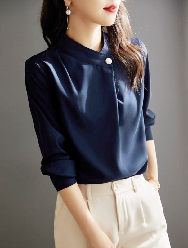 立領側單釦雪紡上衣 藏青