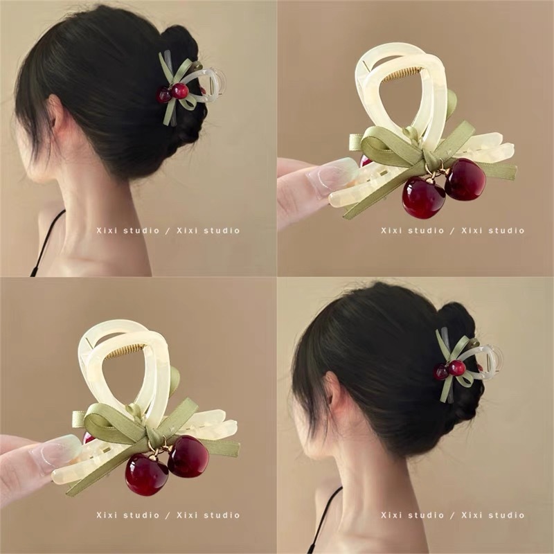 [2 FOR RM10] Retro Cherry Ribbon Medium-Sized Hair Claw