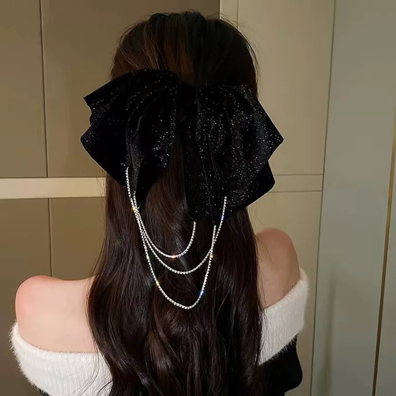 High-end Super Bling Ribbon Hair Clip with Diamond Tassel