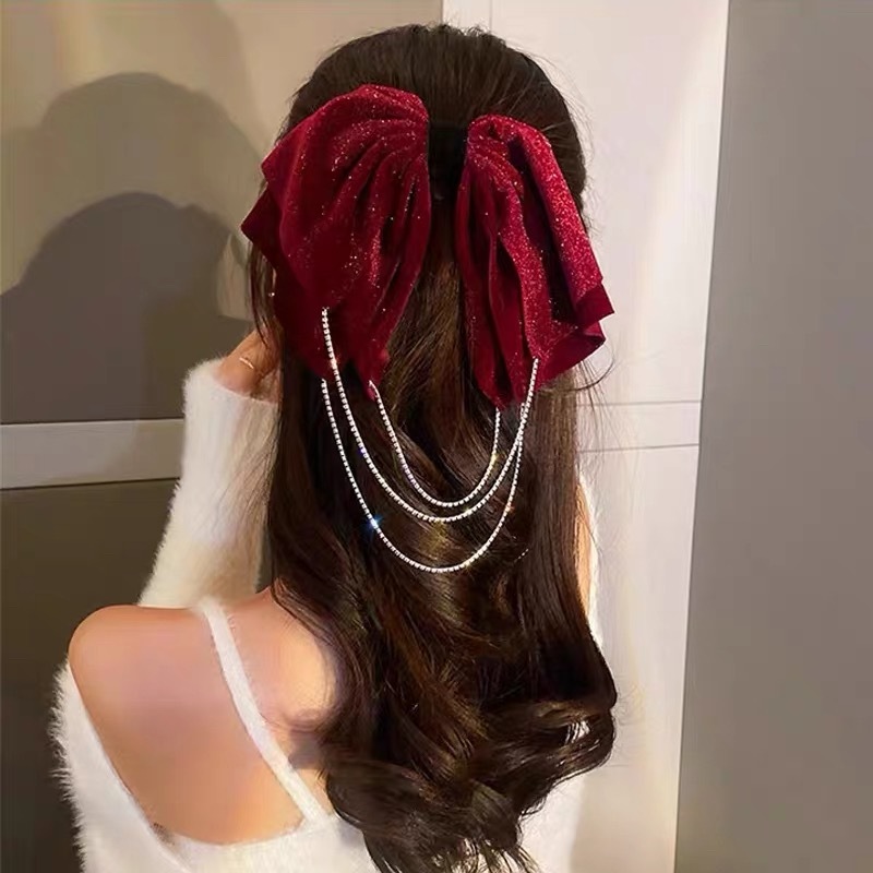 High-end Super Bling Ribbon Hair Clip with Diamond Tassel