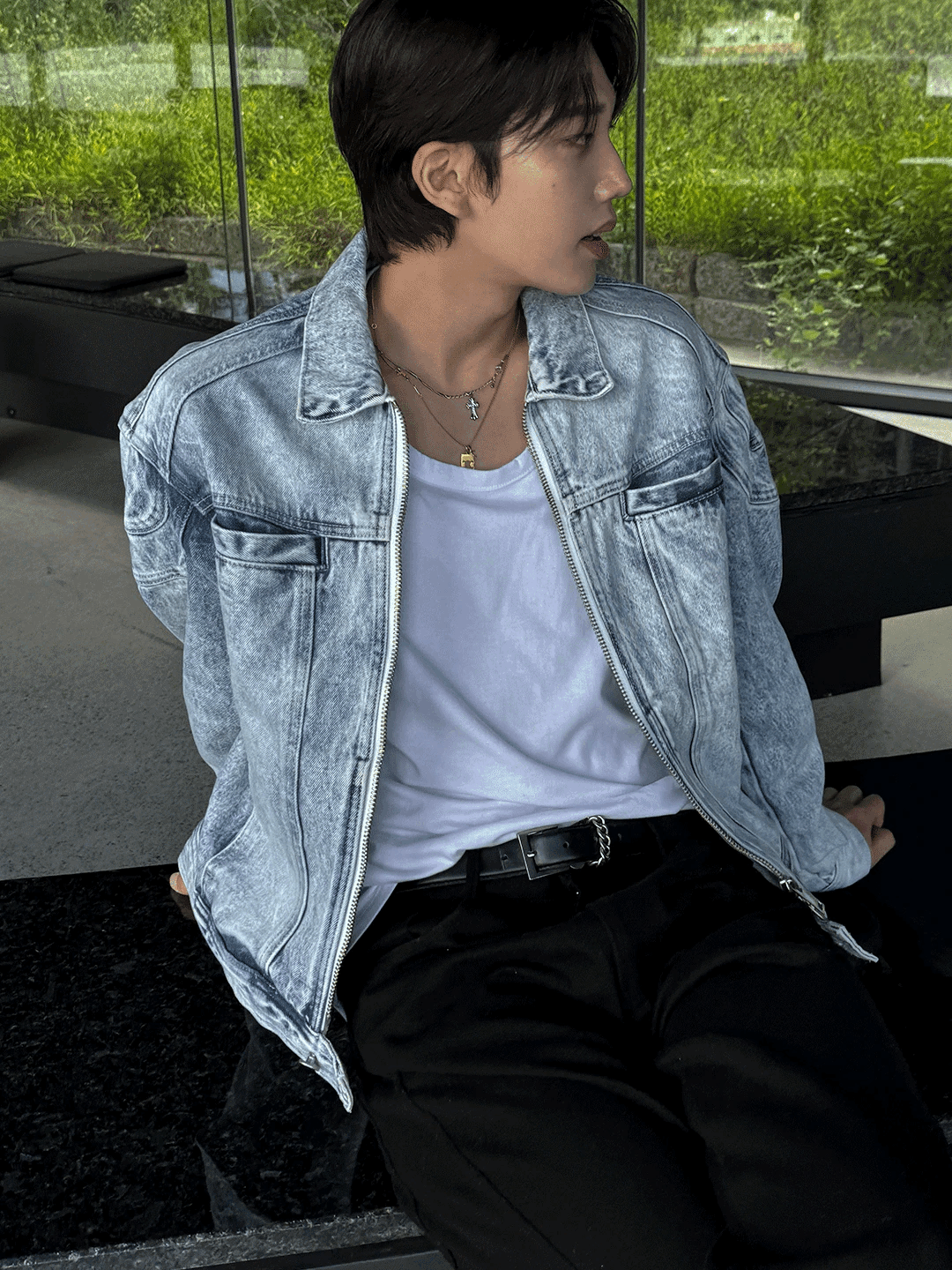 雪花拼層肩短款牛仔外套