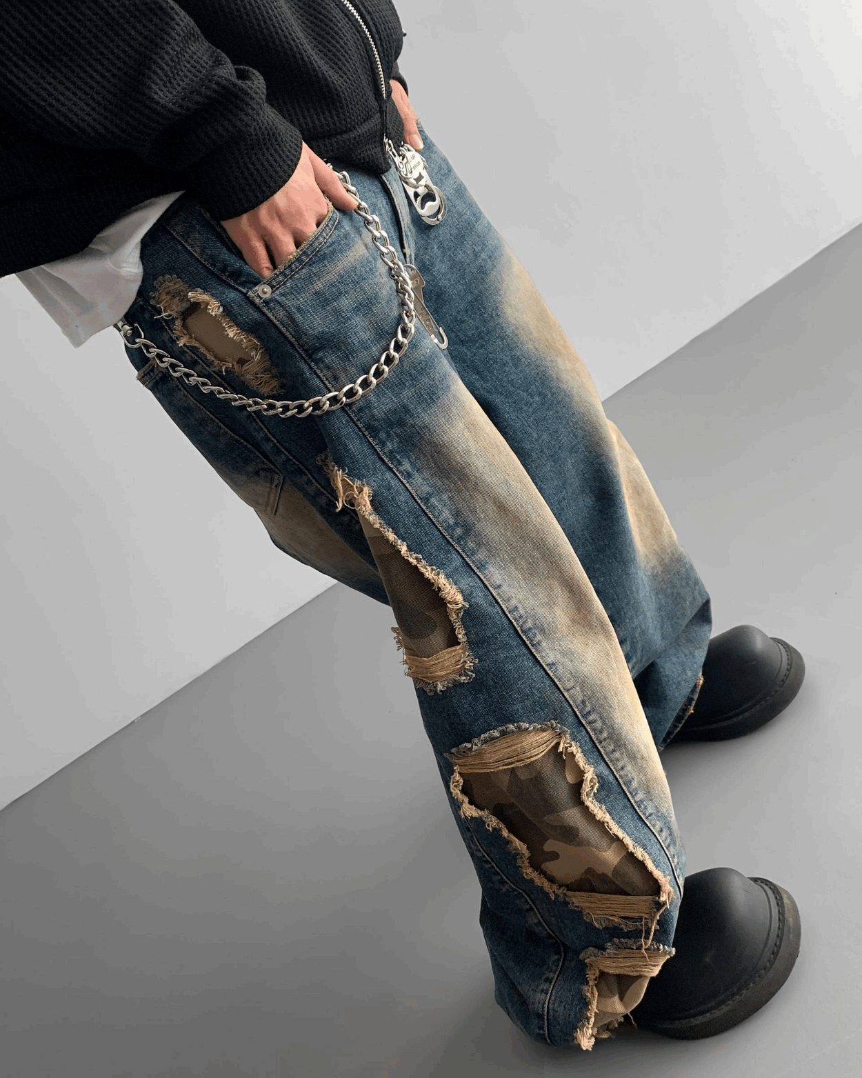 迷彩分層復古寬牛仔褲