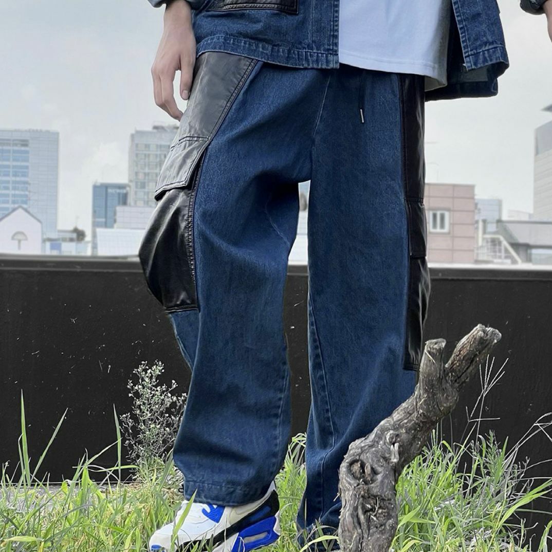 拼皮可束腳鬆身牛仔褲 P2985