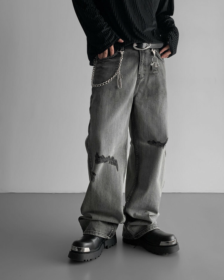 黑色破壞損傷闊腿牛仔褲