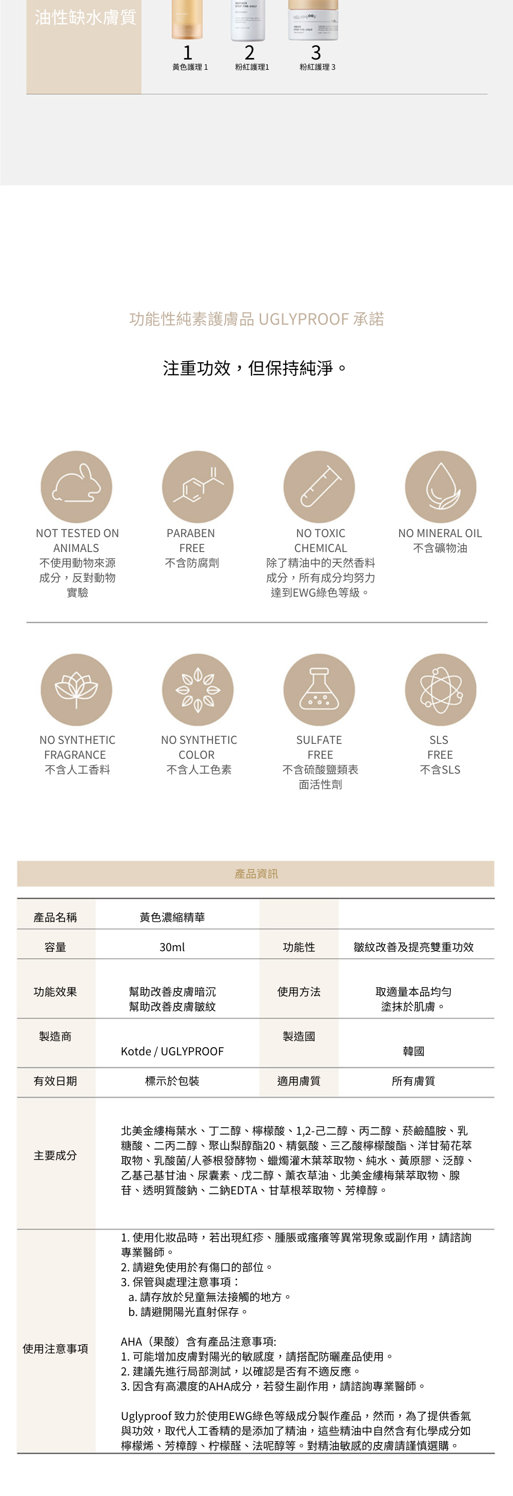 黃色濃縮精華,針對乾燥與暗沉肌膚,富含植物精華和維他命,使用後肌膚感覺柔滑明亮,容量為30ml。
